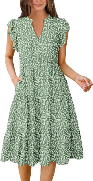 Prinbara Womens Summer Floral Midi Dresses Ruffle Sleeve V Neck 2025 Spring Casual Flowy Tiered A-Line Sundress with Pockets