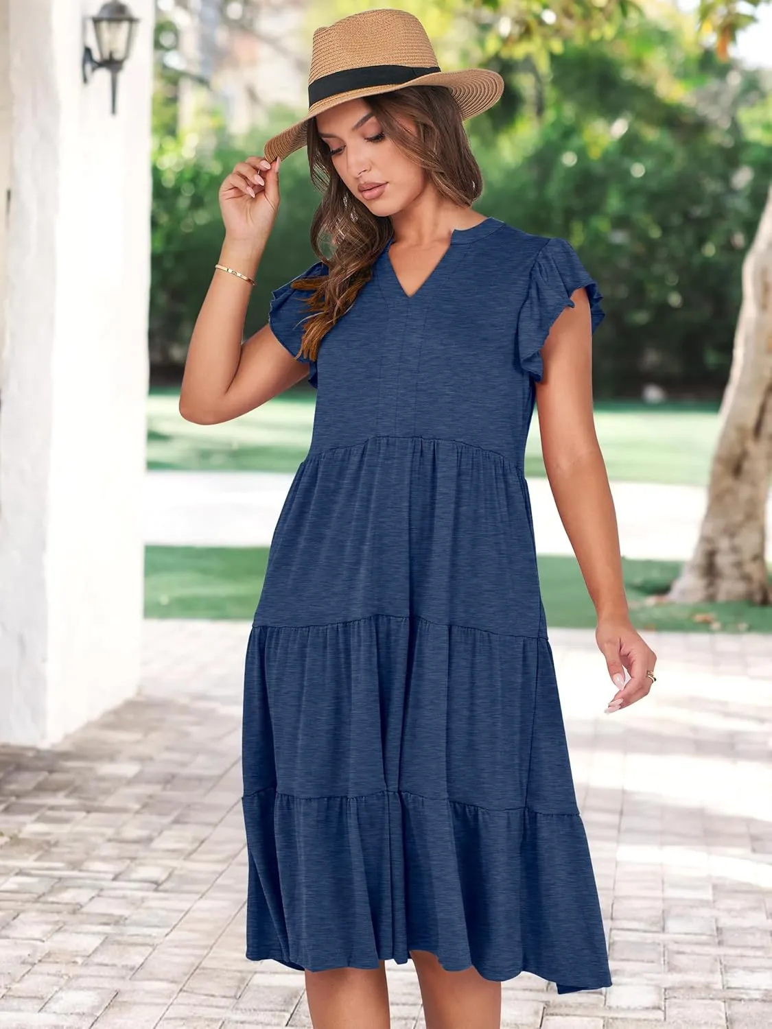 Prinbara Womens Summer Floral Midi Dresses Ruffle Sleeve V Neck 2025 Spring Casual Flowy Tiered A-Line Sundress with Pockets