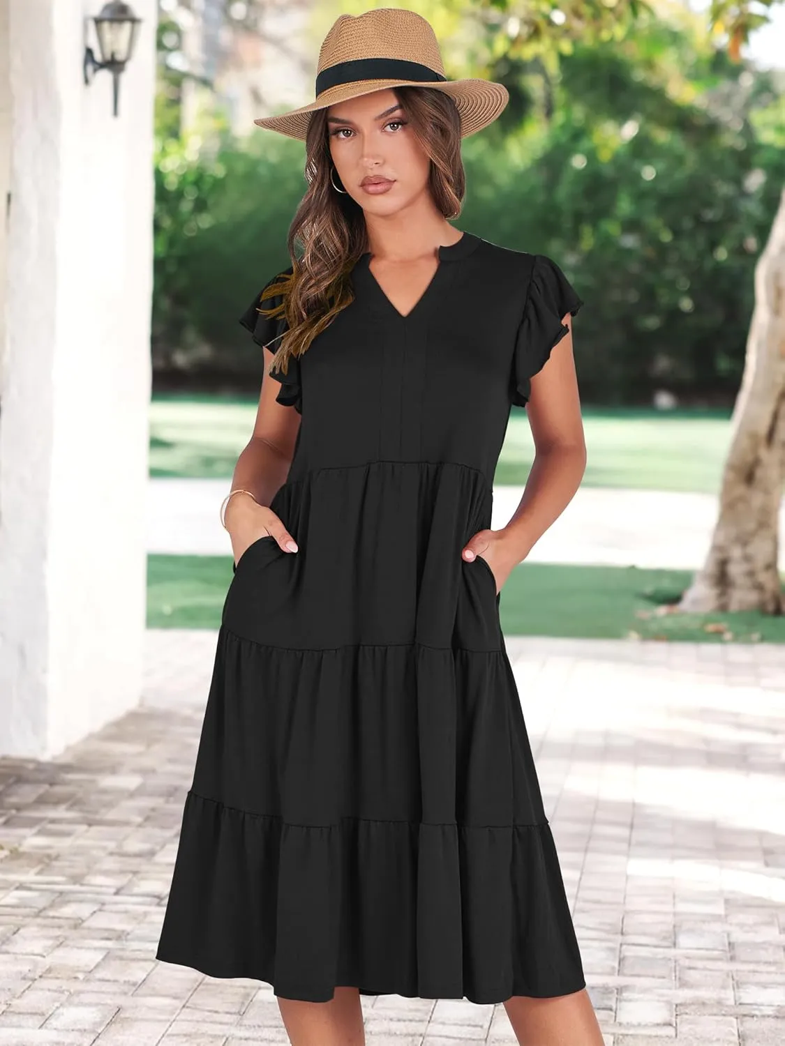 Prinbara Womens Summer Floral Midi Dresses Ruffle Sleeve V Neck 2025 Spring Casual Flowy Tiered A-Line Sundress with Pockets