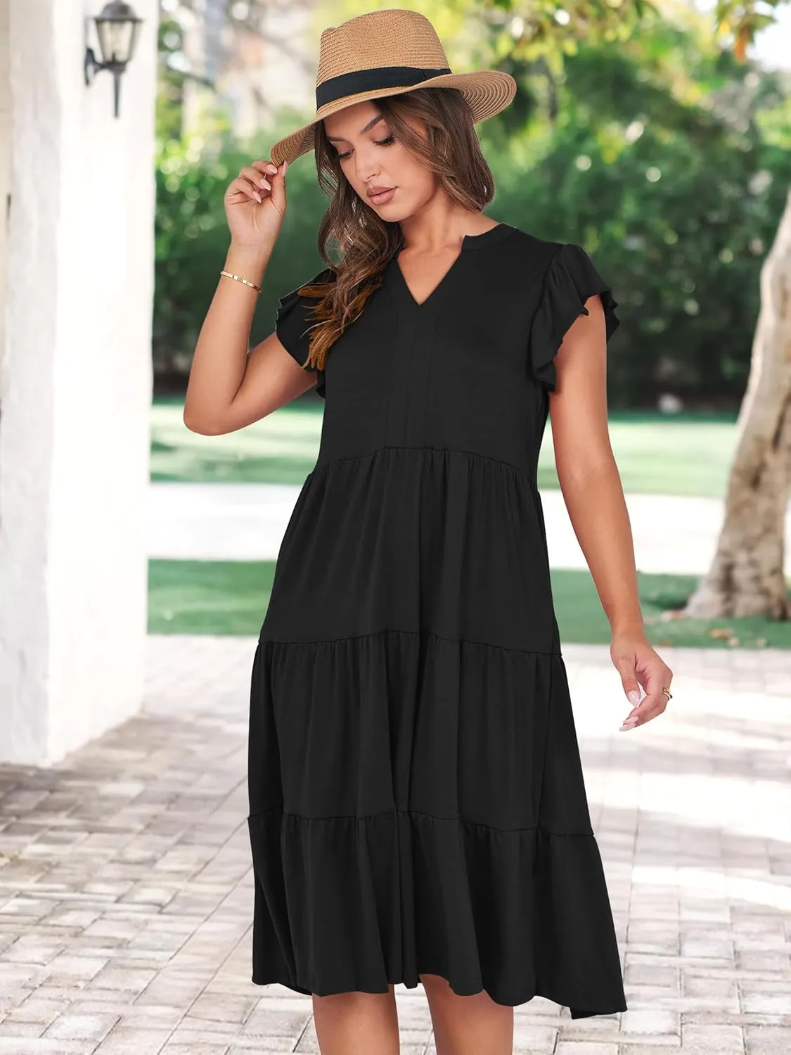 Prinbara Womens Summer Floral Midi Dresses Ruffle Sleeve V Neck 2025 Spring Casual Flowy Tiered A-Line Sundress with Pockets
