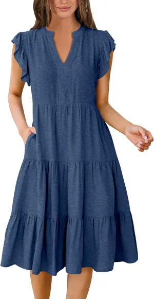 Prinbara Womens Summer Floral Midi Dresses Ruffle Sleeve V Neck 2025 Spring Casual Flowy Tiered A-Line Sundress with Pockets