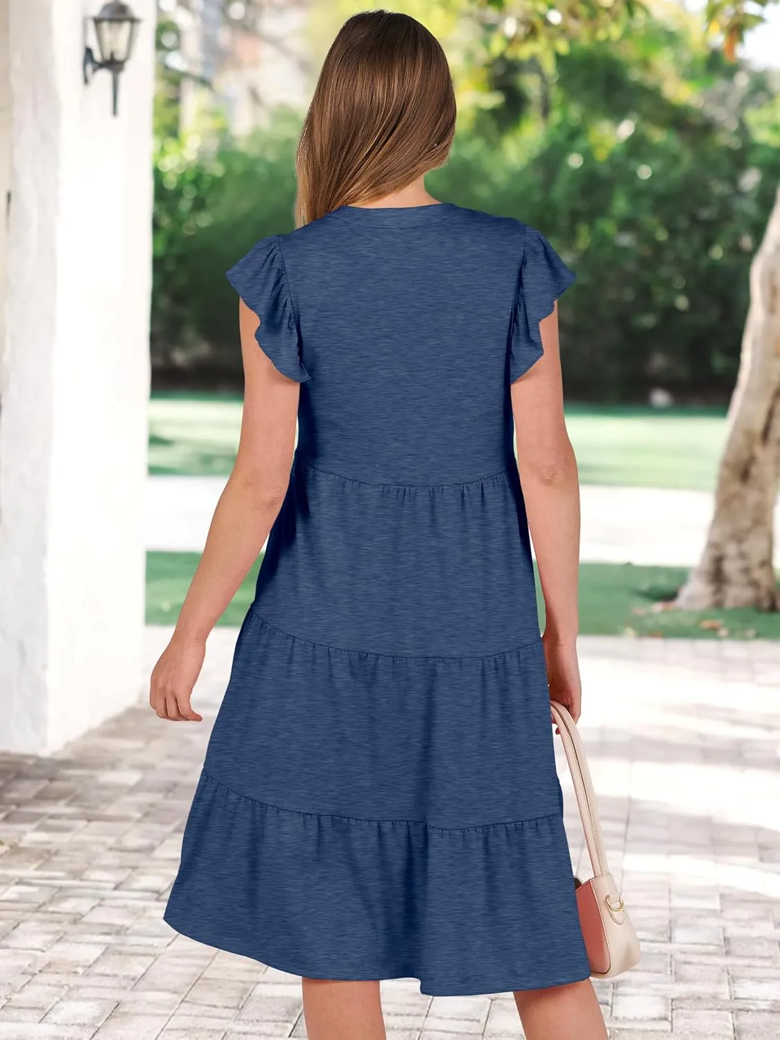 Prinbara Womens Summer Floral Midi Dresses Ruffle Sleeve V Neck 2025 Spring Casual Flowy Tiered A-Line Sundress with Pockets