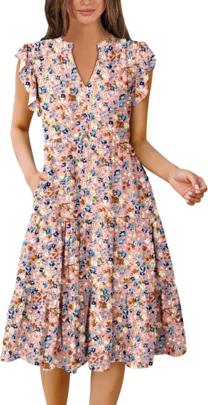 Prinbara Womens Summer Floral Midi Dresses Ruffle Sleeve V Neck 2025 Spring Casual Flowy Tiered A-Line Sundress with Pockets