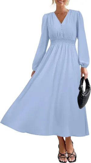 PRTTYGARDEN Womens Long Sleeve Maxi Dress 2025 Spring Trendy Elegant V Neck Flowy Wedding Guest Holiday Formal Long Dresses