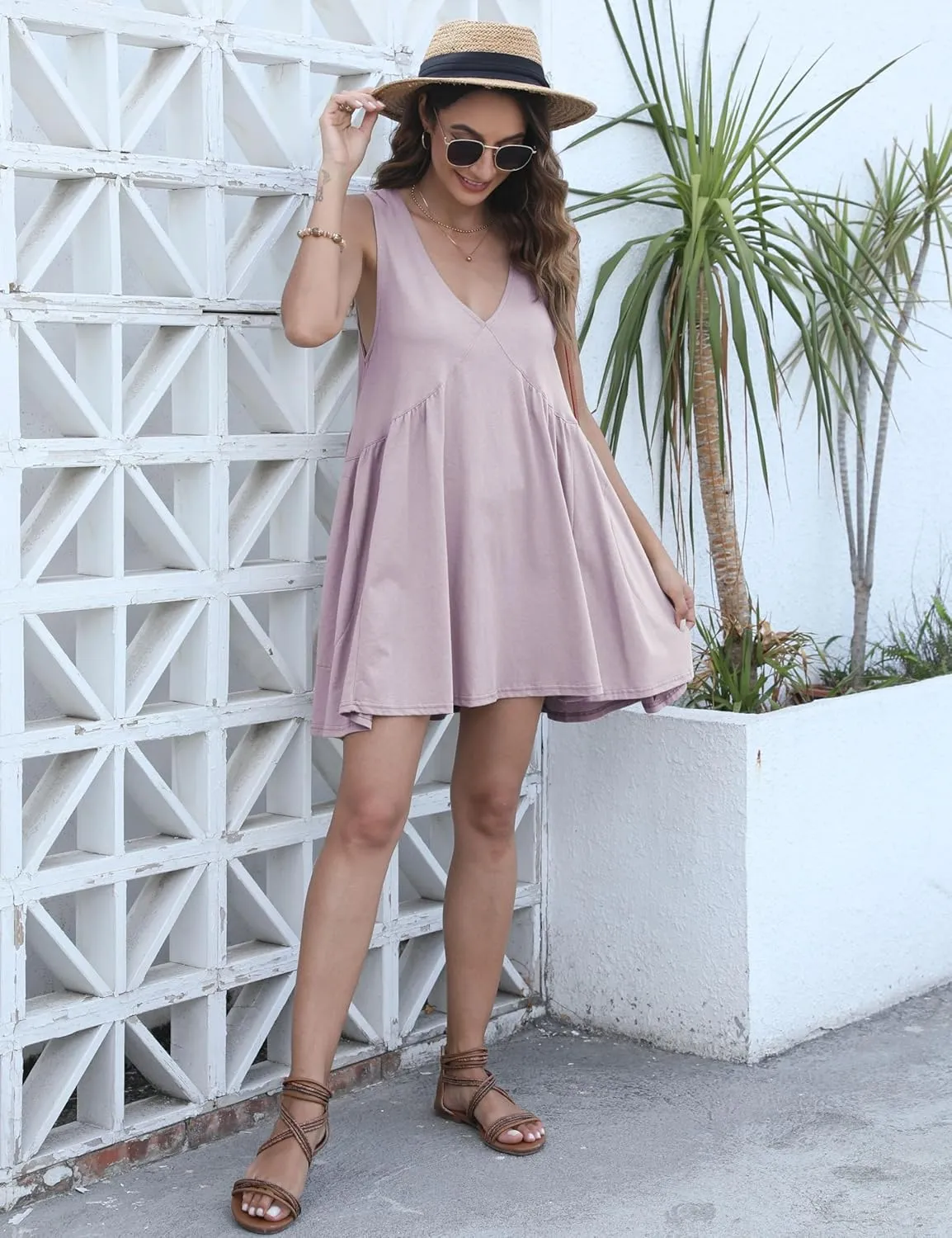 Qiaomai Womens Summer Casual Sleeveless Tank Dress V Neck Mini Dresses Beach Sundress