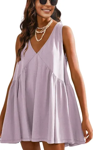 Qiaomai Womens Summer Casual Sleeveless Tank Dress V Neck Mini Dresses Beach Sundress