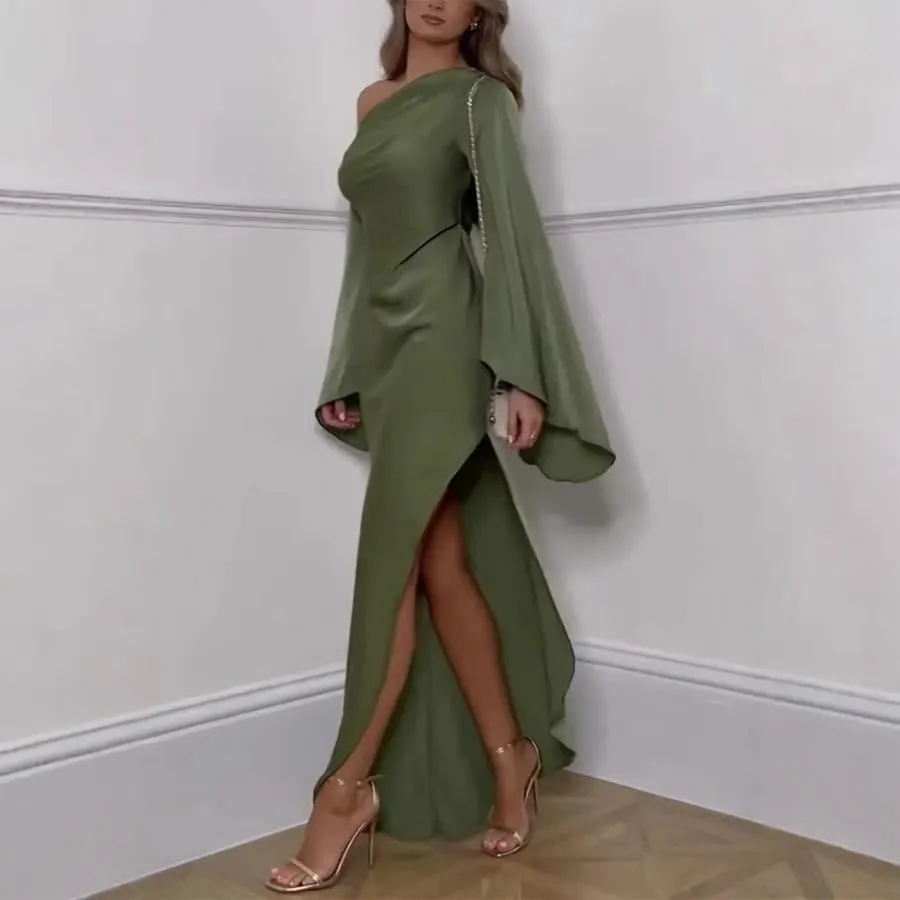 RanRui Women's one Shoulder Side Split Long Sleeve Long Maxi Dresses 2025 Slant Shoulder Slim Dress