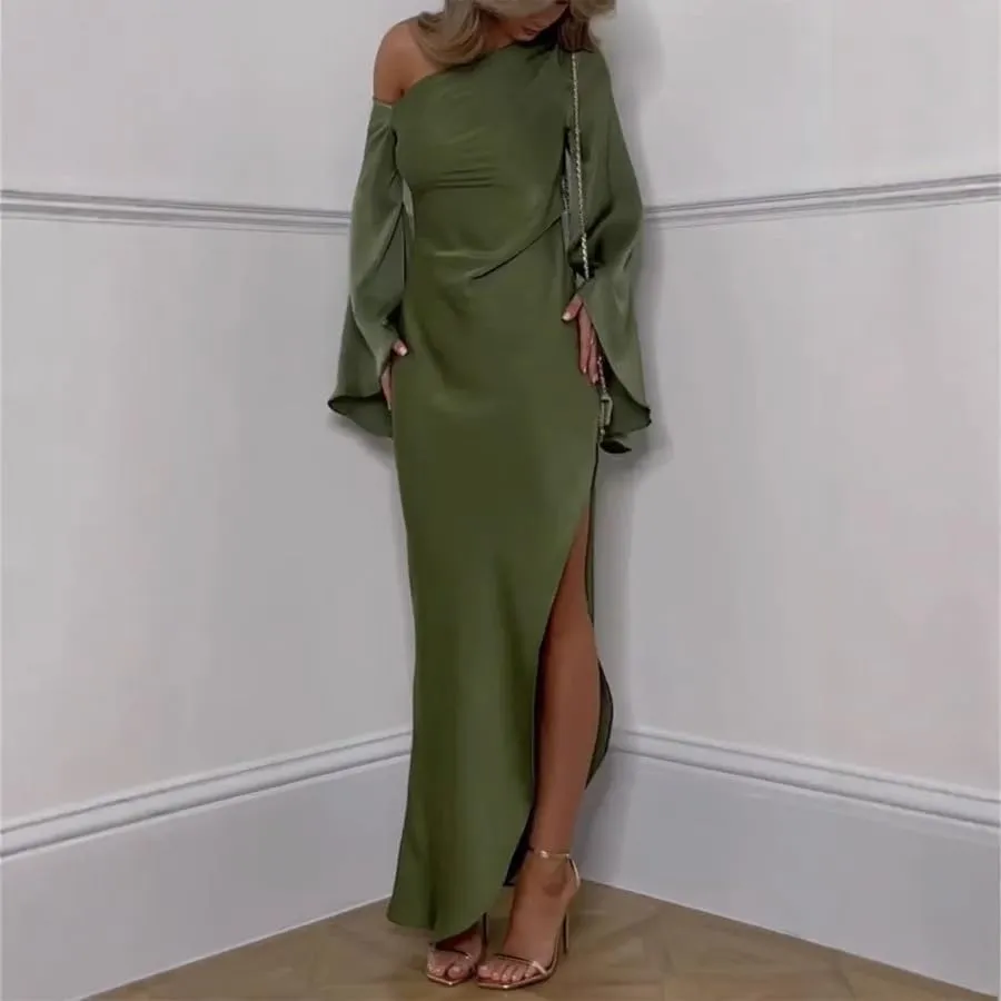 RanRui Women's one Shoulder Side Split Long Sleeve Long Maxi Dresses 2025 Slant Shoulder Slim Dress