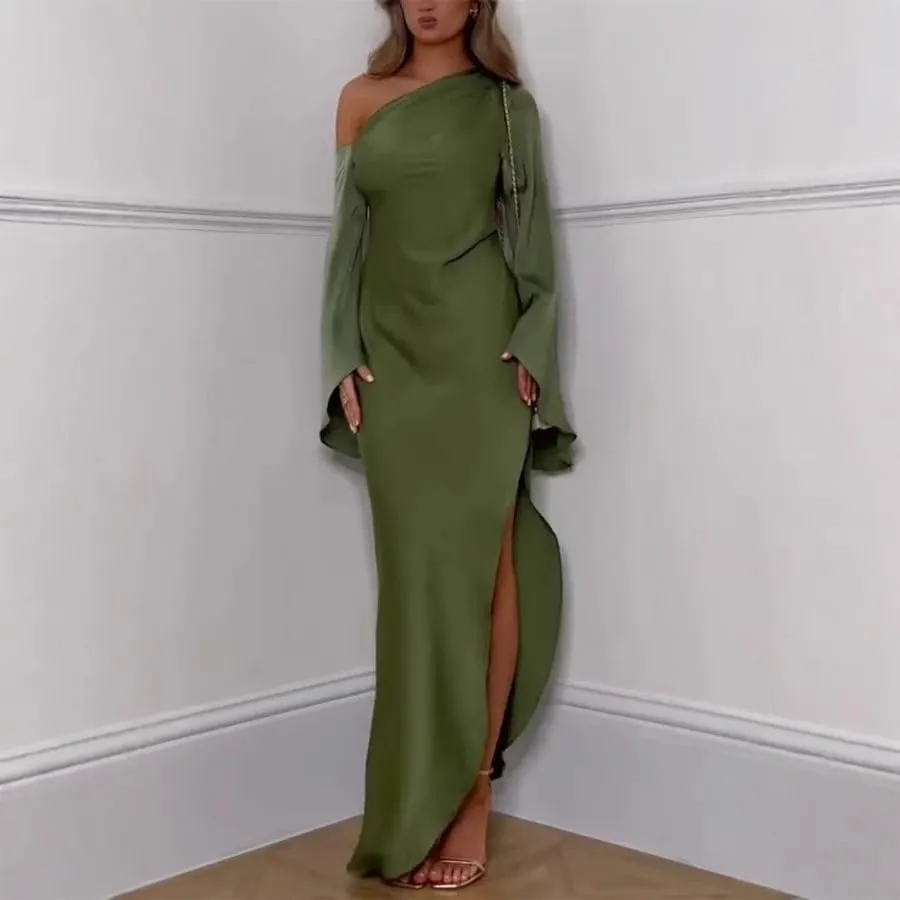 RanRui Women's one Shoulder Side Split Long Sleeve Long Maxi Dresses 2025 Slant Shoulder Slim Dress