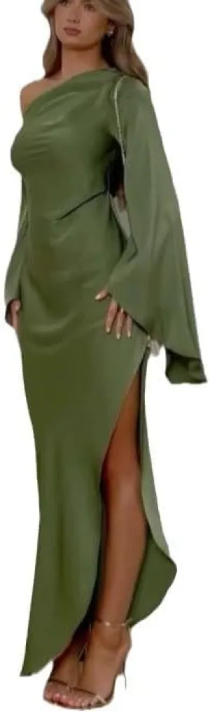 RanRui Women's one Shoulder Side Split Long Sleeve Long Maxi Dresses 2025 Slant Shoulder Slim Dress
