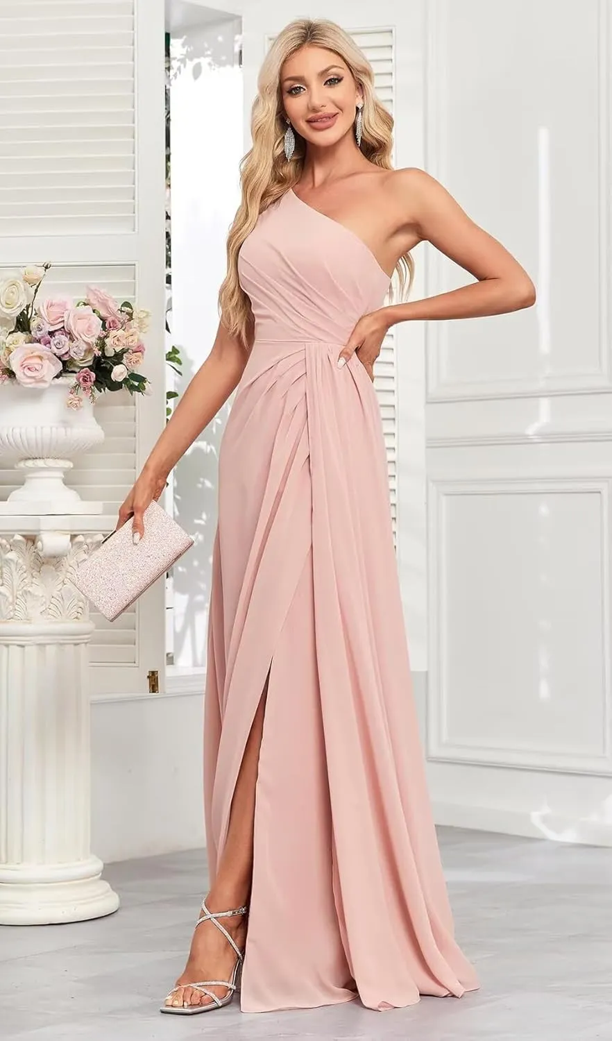 Rjer One Shoulder Bridesmaid Dresses for Women Long Ruched Chiffon A Line Formal Evening Dress with Slit