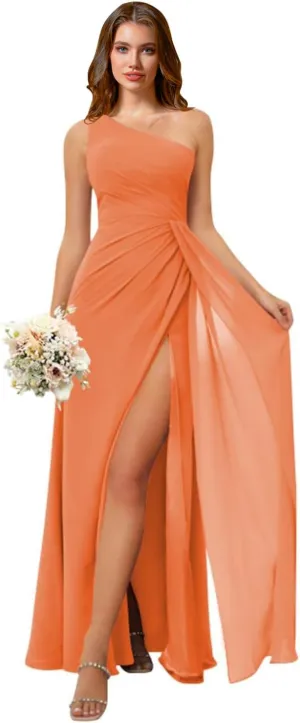 Rjer One Shoulder Bridesmaid Dresses for Women Long Ruched Chiffon A Line Formal Evening Dress with Slit