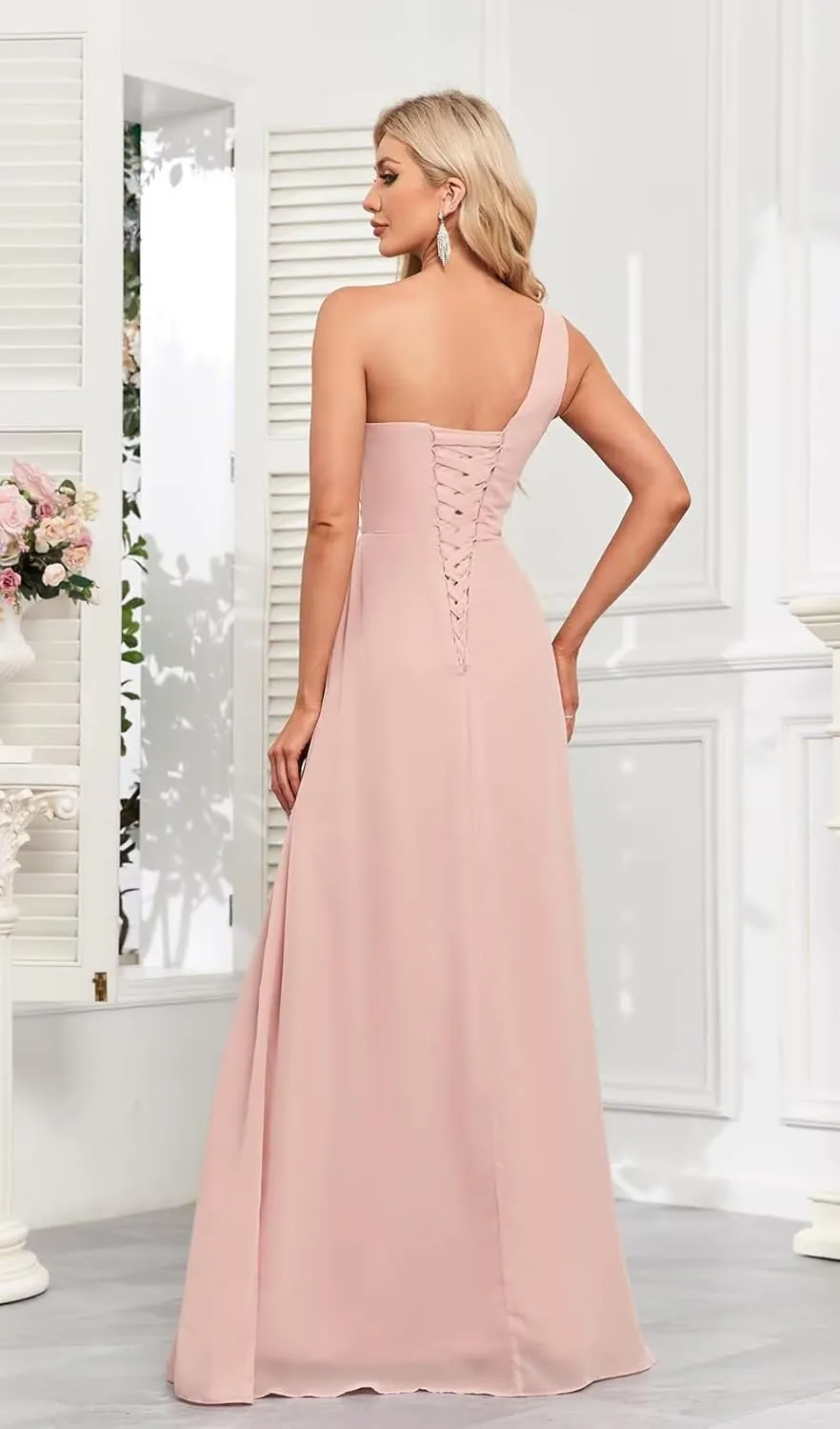 Rjer One Shoulder Bridesmaid Dresses for Women Long Ruched Chiffon A Line Formal Evening Dress with Slit