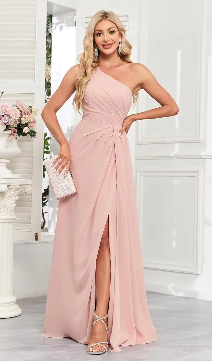 Rjer One Shoulder Bridesmaid Dresses for Women Long Ruched Chiffon A Line Formal Evening Dress with Slit