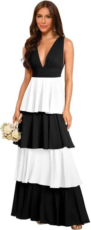 Rjer Tiered Bridesmaid Dresses 2025 Long Women Chiffon Formal Evening Dresses with Ruffles