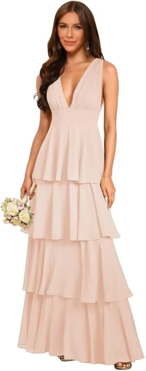 Rjer Tiered Bridesmaid Dresses 2025 Long Women Chiffon Formal Evening Dresses with Ruffles