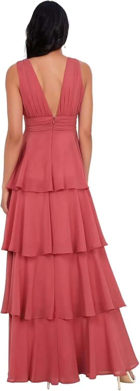 Rjer Tiered Bridesmaid Dresses 2025 Long Women Chiffon Formal Evening Dresses with Ruffles