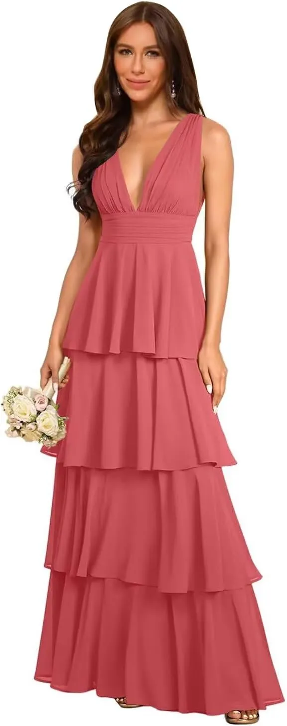 Rjer Tiered Bridesmaid Dresses 2025 Long Women Chiffon Formal Evening Dresses with Ruffles