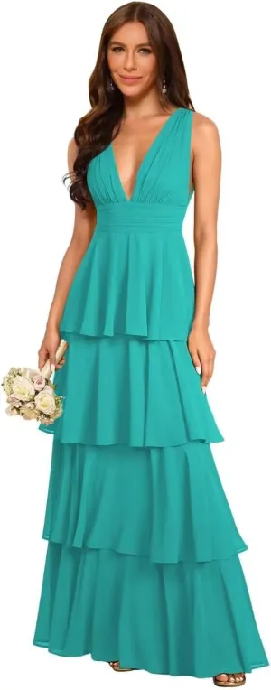 Rjer Tiered Bridesmaid Dresses 2025 Long Women Chiffon Formal Evening Dresses with Ruffles