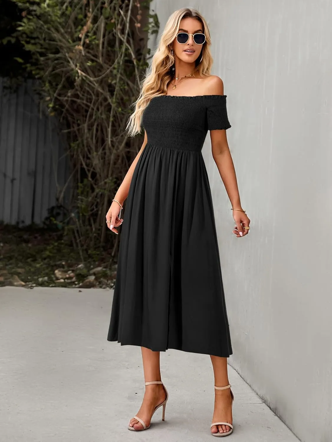 ROYUNA Women's Off The Shoulder Dresses Boho Flowy Smocked Maxi Sundress Beach Vacation Summer Dress 2024