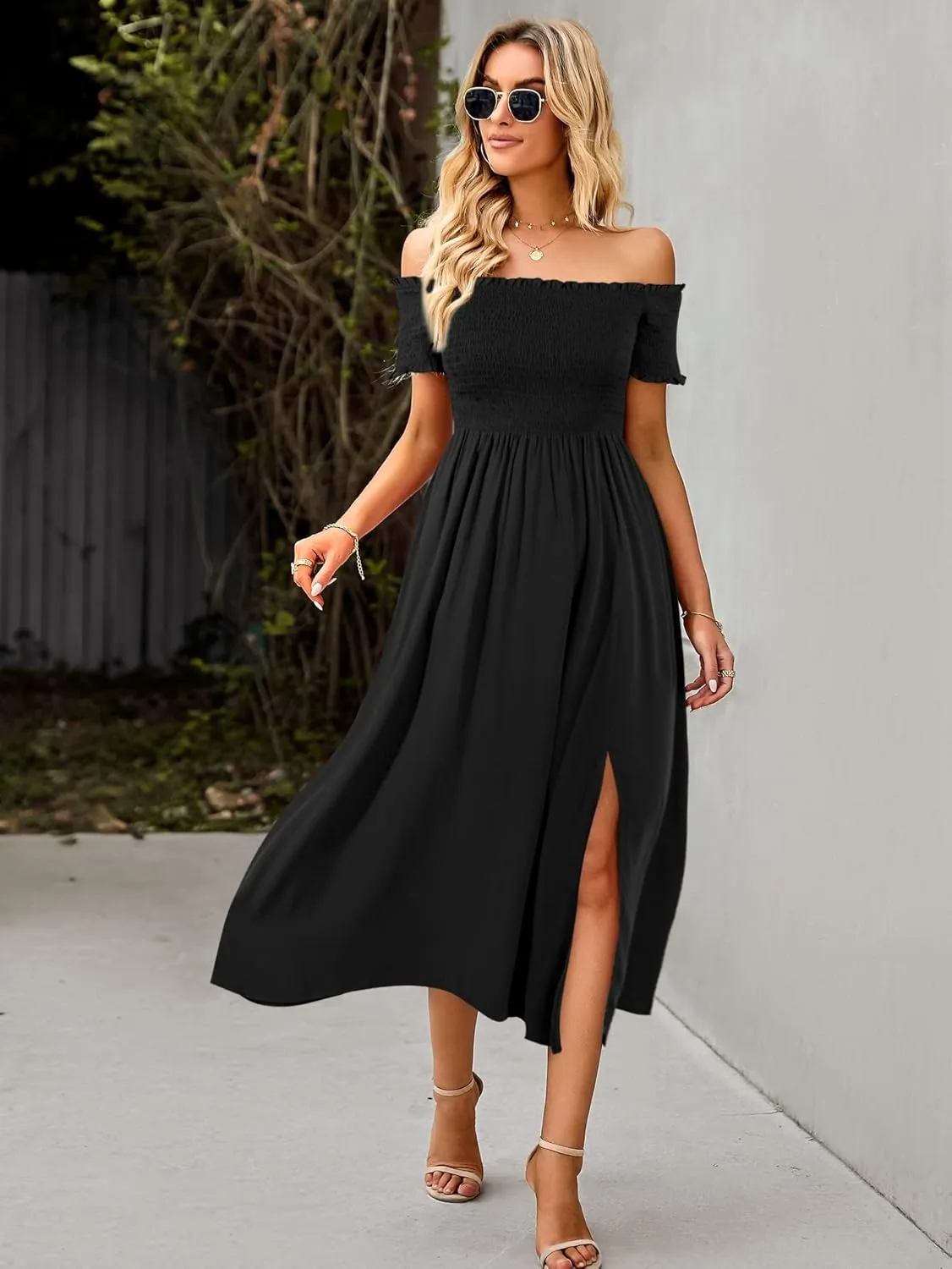 ROYUNA Women's Off The Shoulder Dresses Boho Flowy Smocked Maxi Sundress Beach Vacation Summer Dress 2024