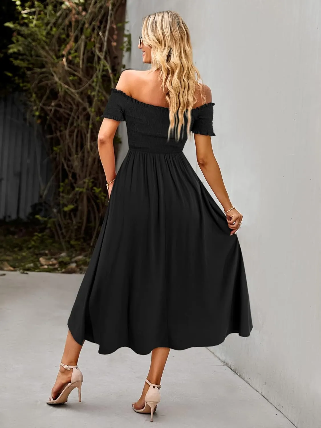 ROYUNA Women's Off The Shoulder Dresses Boho Flowy Smocked Maxi Sundress Beach Vacation Summer Dress 2024
