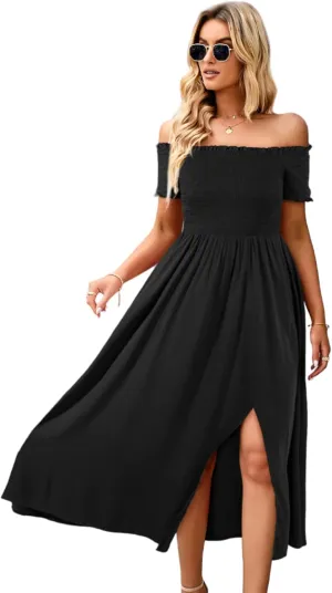 ROYUNA Women's Off The Shoulder Dresses Boho Flowy Smocked Maxi Sundress Beach Vacation Summer Dress 2024