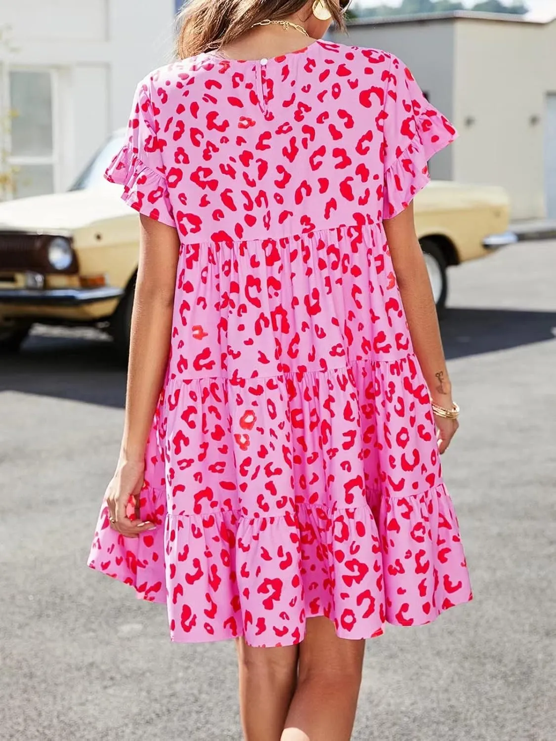 RUCZDSV Summer Dress for Women 2023 Short Sleeve Round Neck Floral Mini Dress