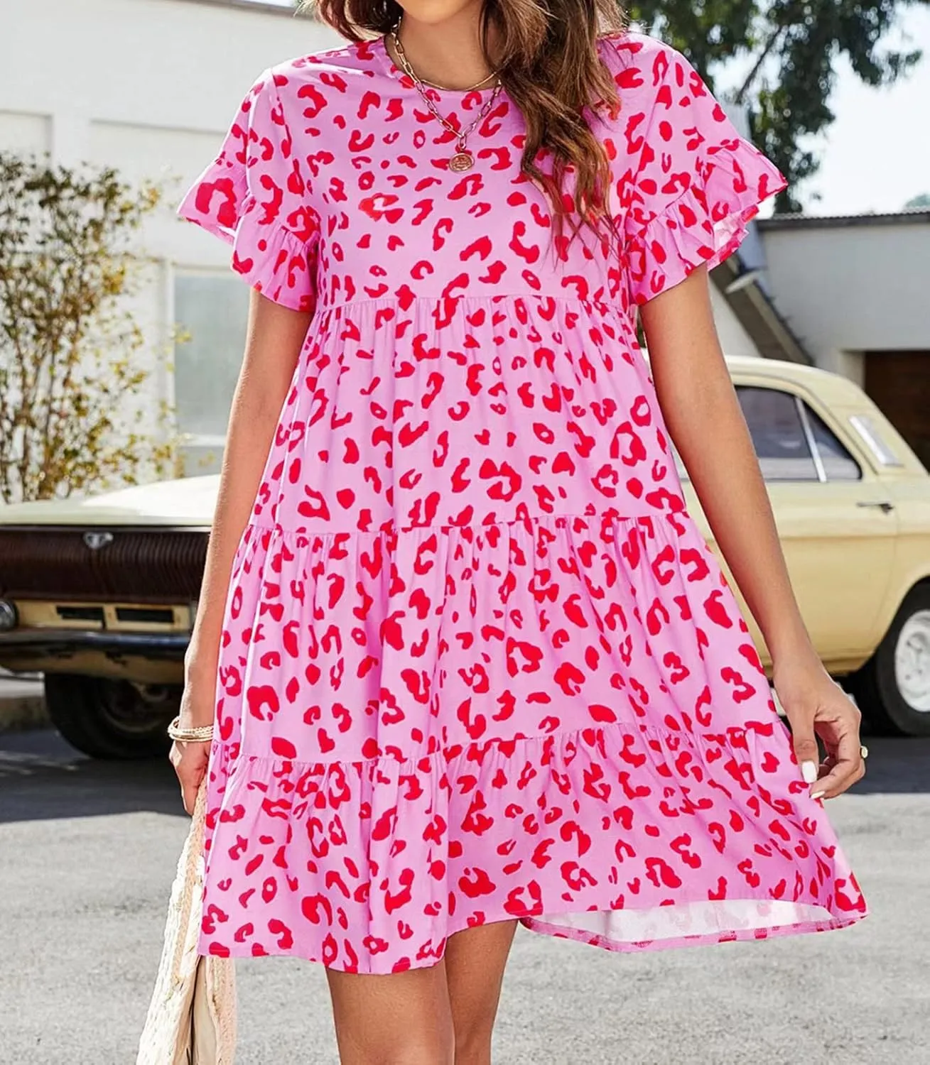 RUCZDSV Summer Dress for Women 2023 Short Sleeve Round Neck Floral Mini Dress