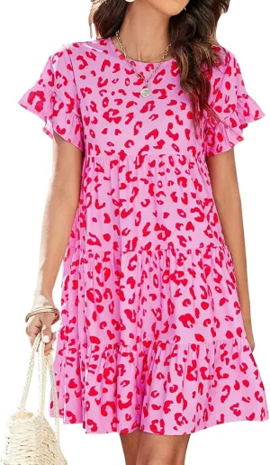 RUCZDSV Summer Dress for Women 2023 Short Sleeve Round Neck Floral Mini Dress