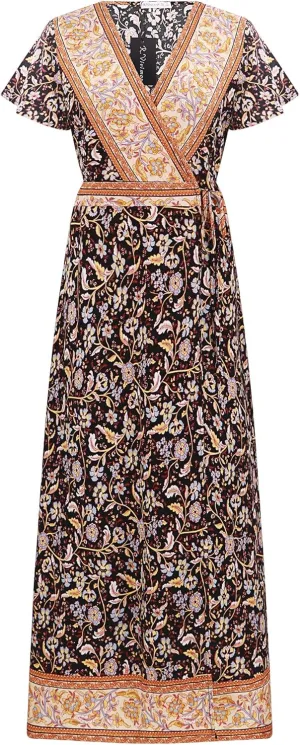 R.Vivimos Women's Summer Short Sleeve Floral Print Bohemian Beach Waist Tie Wrap Long Flowy Dress with Slit