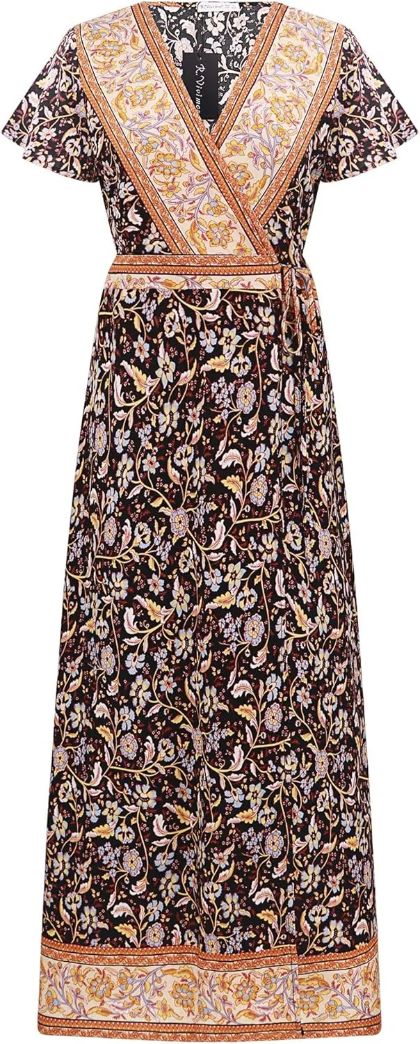 R.Vivimos Women's Summer Short Sleeve Floral Print Bohemian Beach Waist Tie Wrap Long Flowy Dress with Slit