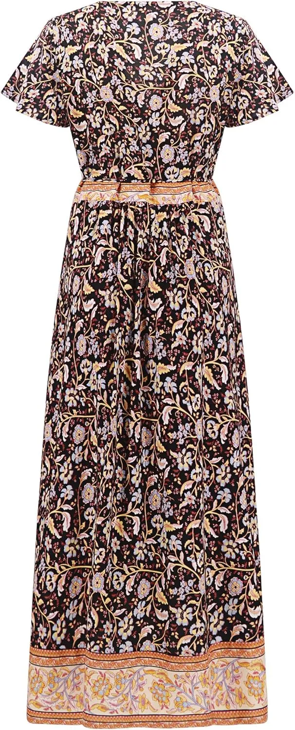 R.Vivimos Women's Summer Short Sleeve Floral Print Bohemian Beach Waist Tie Wrap Long Flowy Dress with Slit