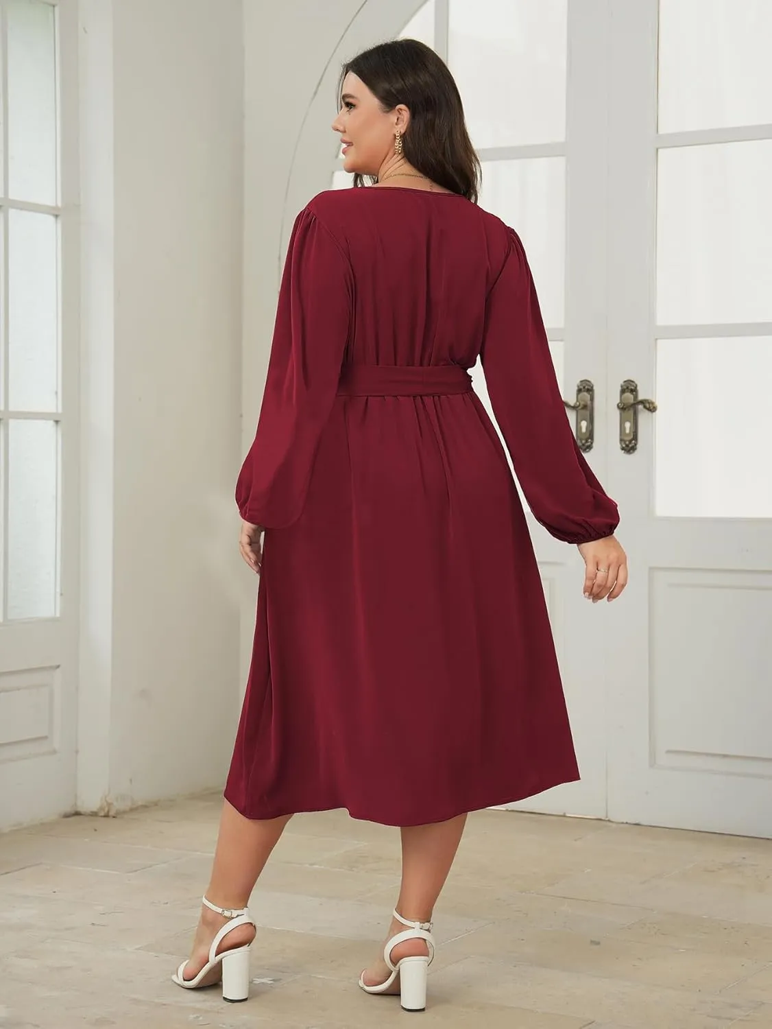 SCOMCHIC Plus Size Wedding Guest Wrap V Neck Dress Long Sleeve Cocktail Party Ruffle Belted A-Line Flowy Midi Dresses