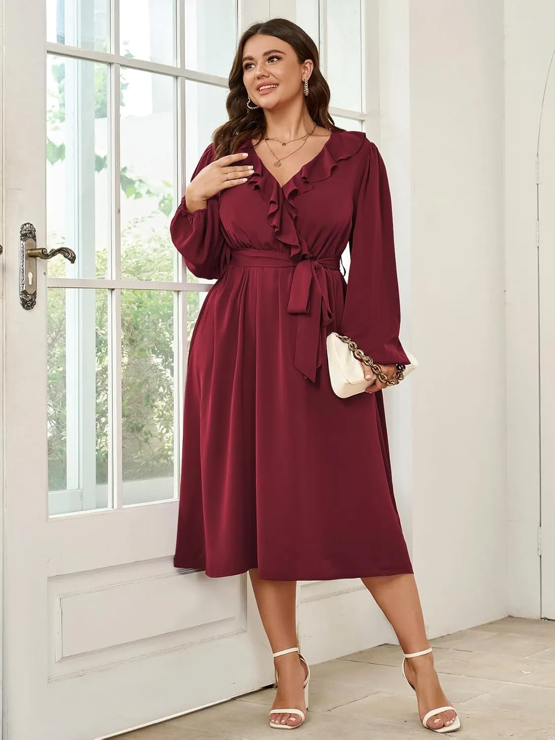 SCOMCHIC Plus Size Wedding Guest Wrap V Neck Dress Long Sleeve Cocktail Party Ruffle Belted A-Line Flowy Midi Dresses