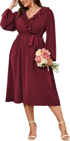 SCOMCHIC Plus Size Wedding Guest Wrap V Neck Dress Long Sleeve Cocktail Party Ruffle Belted A-Line Flowy Midi Dresses