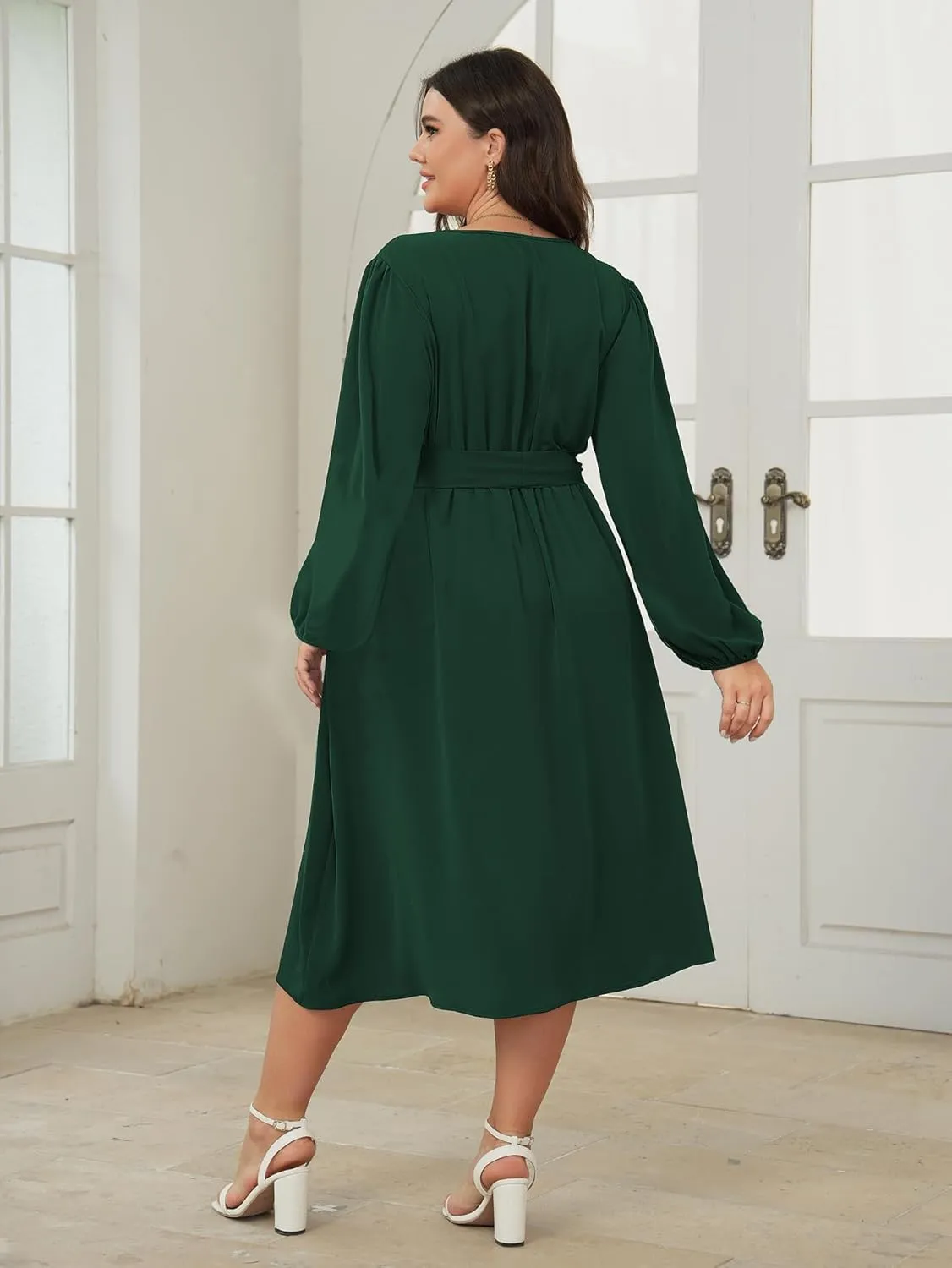 SCOMCHIC Plus Size Wedding Guest Wrap V Neck Dress Long Sleeve Cocktail Party Ruffle Belted A-Line Flowy Midi Dresses