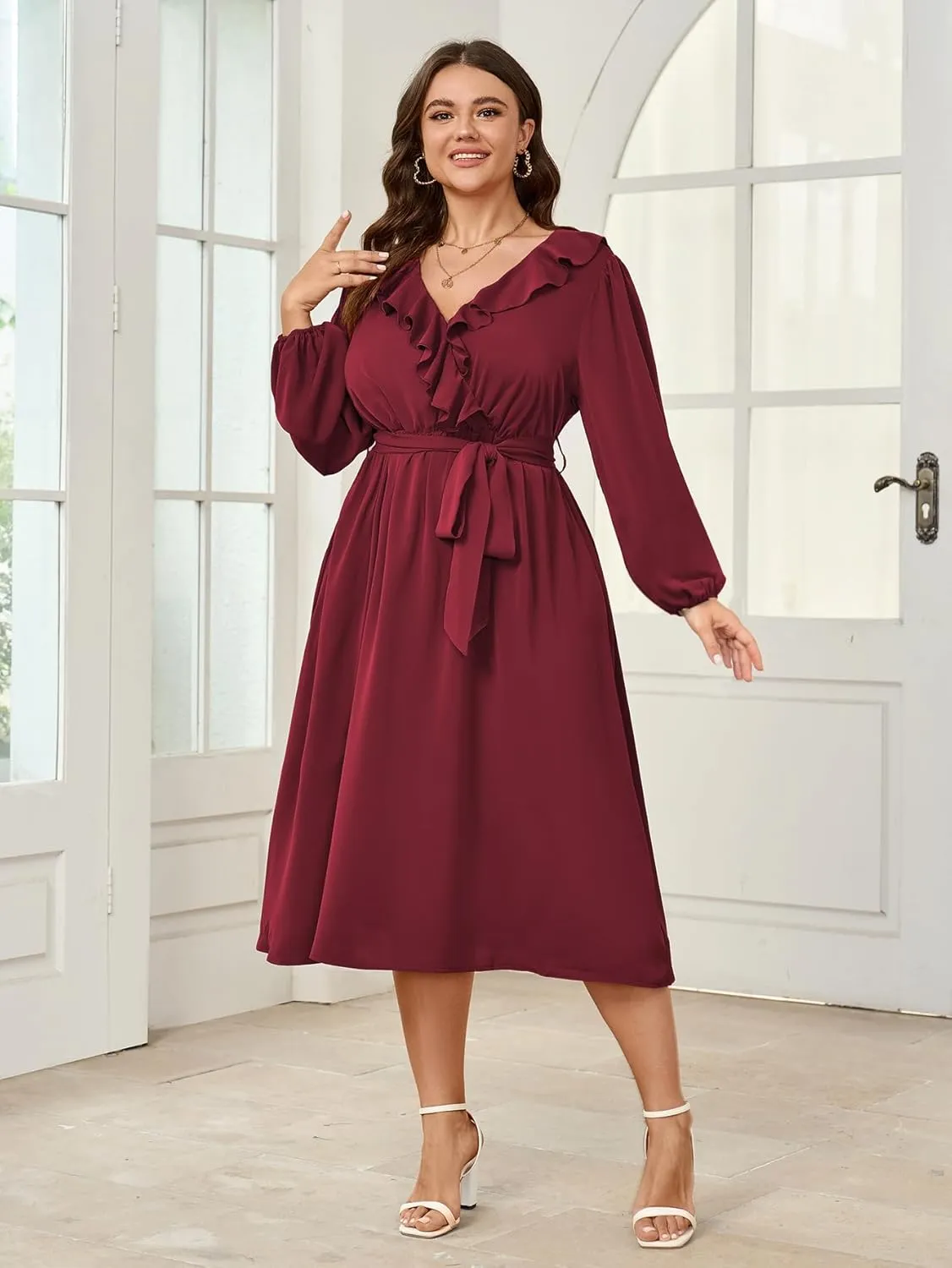 SCOMCHIC Plus Size Wedding Guest Wrap V Neck Dress Long Sleeve Cocktail Party Ruffle Belted A-Line Flowy Midi Dresses