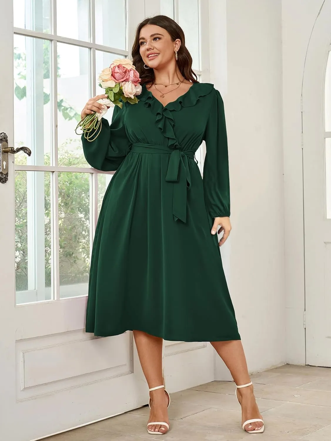 SCOMCHIC Plus Size Wedding Guest Wrap V Neck Dress Long Sleeve Cocktail Party Ruffle Belted A-Line Flowy Midi Dresses