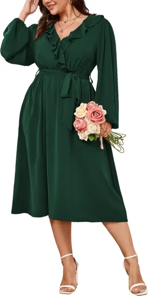SCOMCHIC Plus Size Wedding Guest Wrap V Neck Dress Long Sleeve Cocktail Party Ruffle Belted A-Line Flowy Midi Dresses
