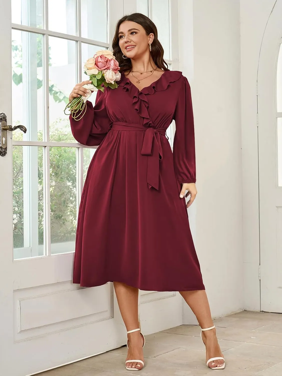 SCOMCHIC Plus Size Wedding Guest Wrap V Neck Dress Long Sleeve Cocktail Party Ruffle Belted A-Line Flowy Midi Dresses