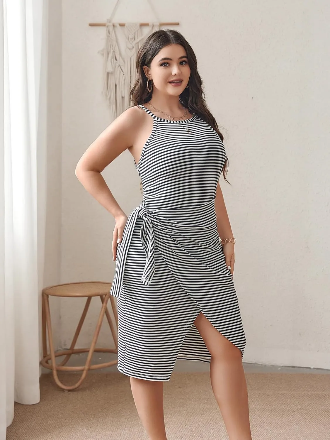 SCOMCHIC Women Plus Size Casual Sleeveless Striped Tank Midi Dress Halter Neck Bodycon Tie Waist T Shirt Summer Dresses