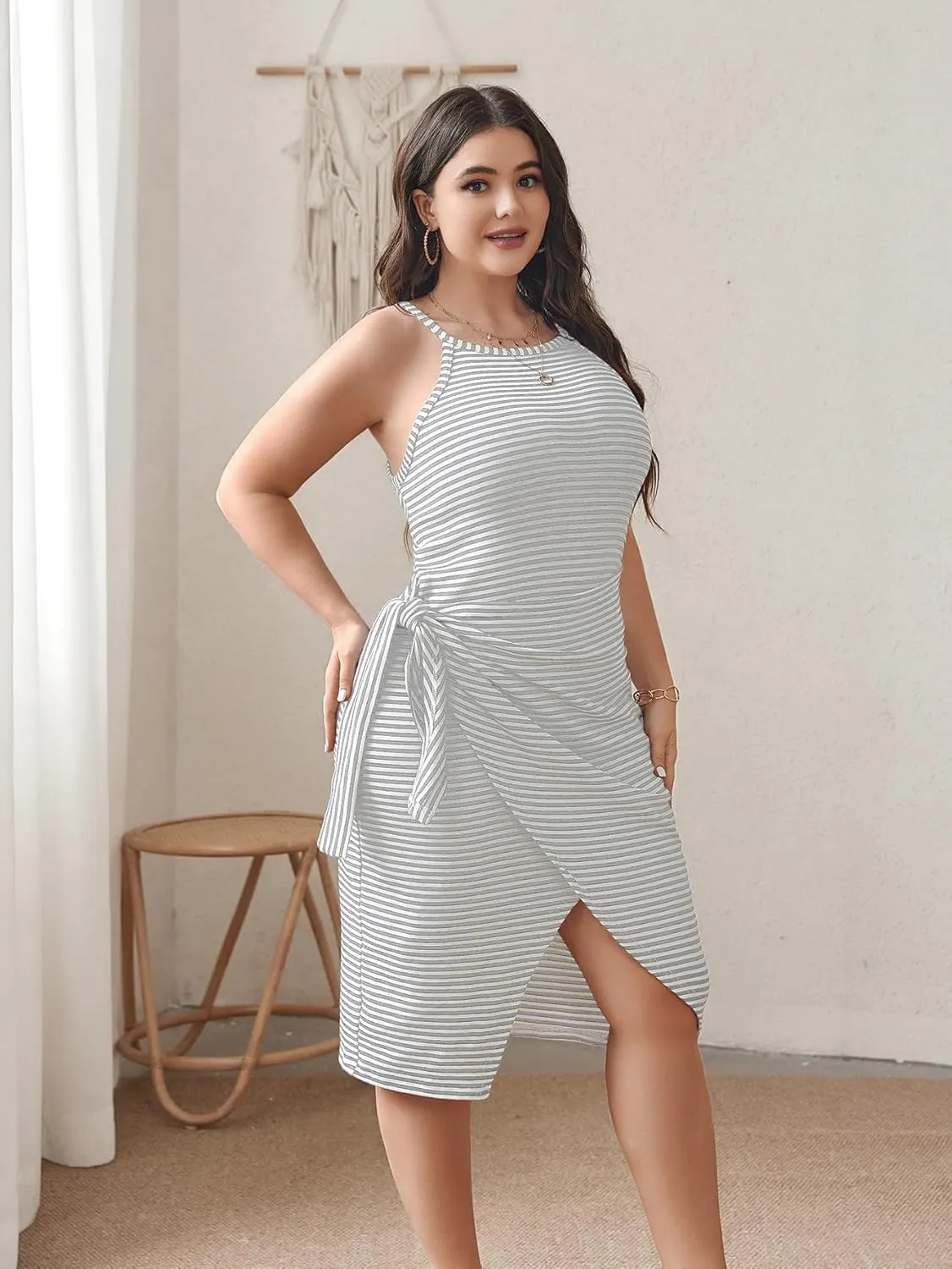 SCOMCHIC Women Plus Size Casual Sleeveless Striped Tank Midi Dress Halter Neck Bodycon Tie Waist T Shirt Summer Dresses