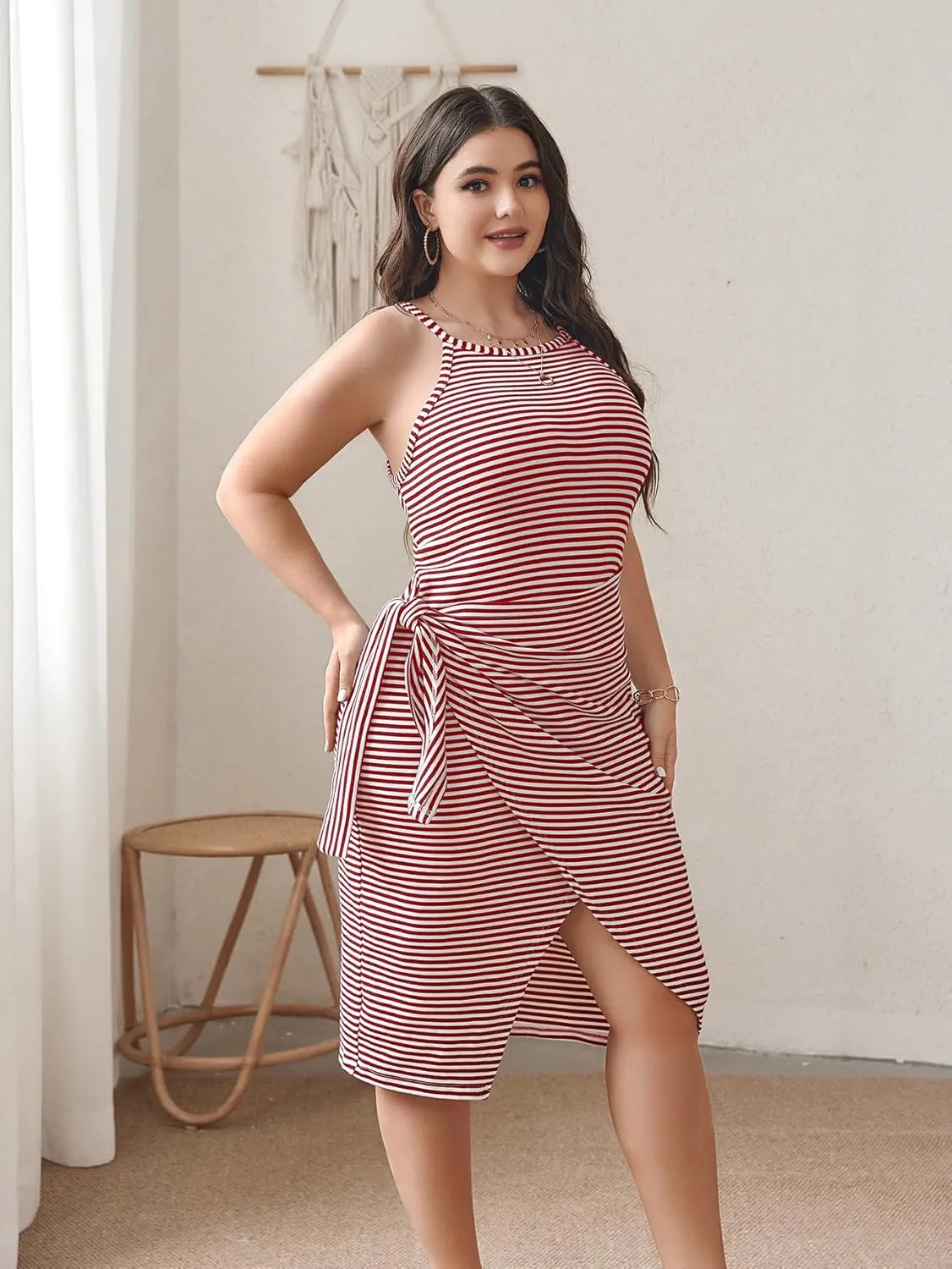 SCOMCHIC Women Plus Size Casual Sleeveless Striped Tank Midi Dress Halter Neck Bodycon Tie Waist T Shirt Summer Dresses