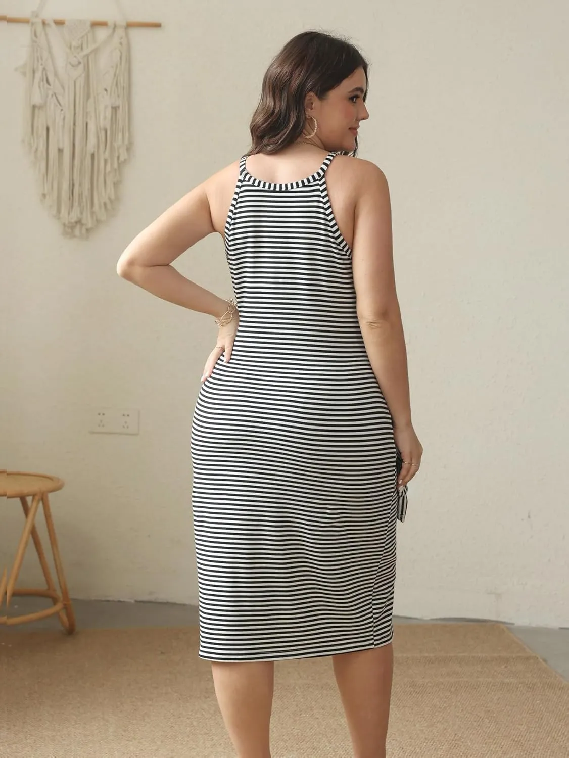 SCOMCHIC Women Plus Size Casual Sleeveless Striped Tank Midi Dress Halter Neck Bodycon Tie Waist T Shirt Summer Dresses