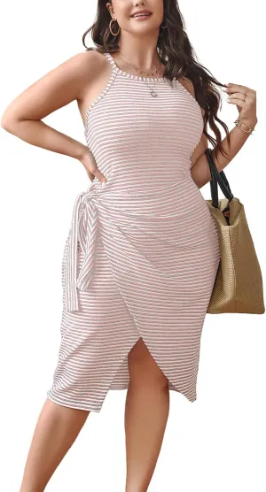 SCOMCHIC Women Plus Size Casual Sleeveless Striped Tank Midi Dress Halter Neck Bodycon Tie Waist T Shirt Summer Dresses