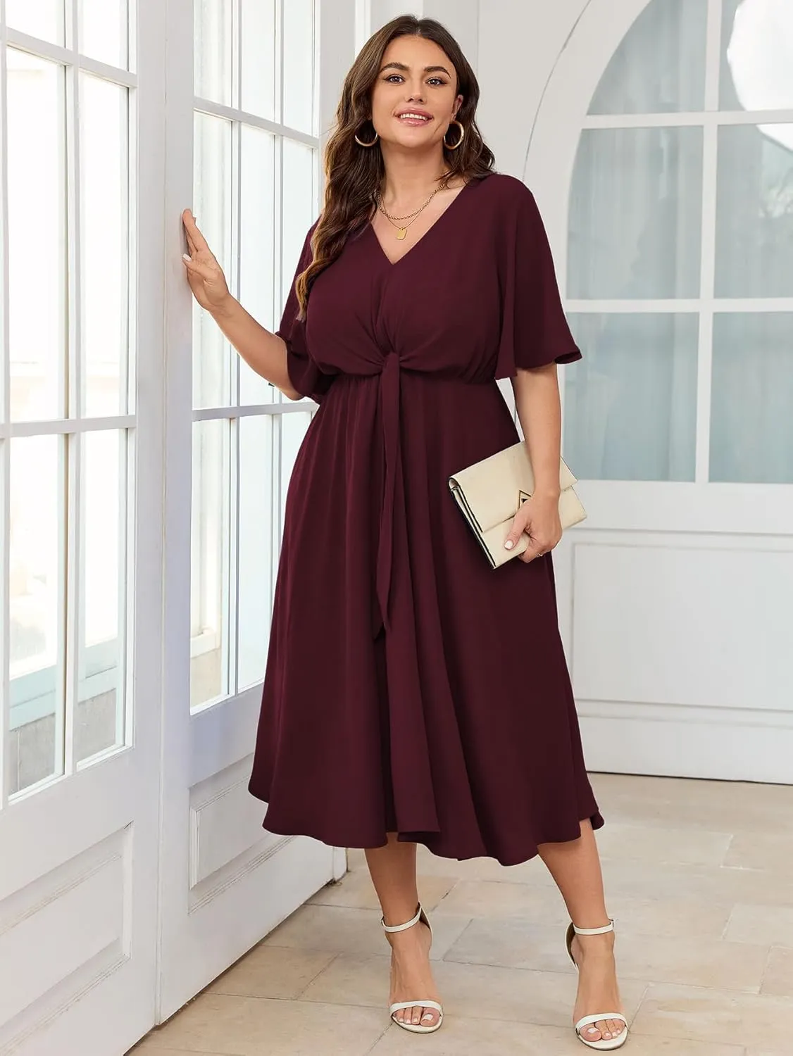SCOMCHIC Women Plus Size Midi Dresses Wedding Guest Short Sleeve V Neck Tie Waist Casual Summer Flowy A Line Dress