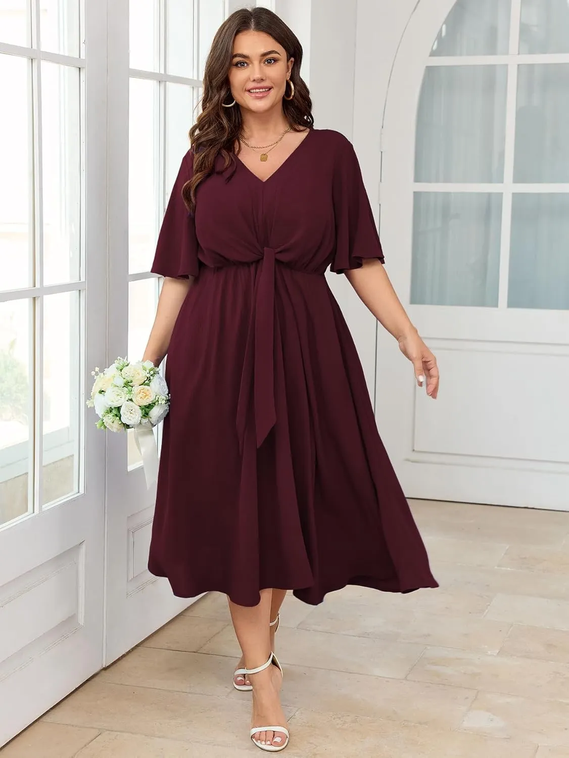 SCOMCHIC Women Plus Size Midi Dresses Wedding Guest Short Sleeve V Neck Tie Waist Casual Summer Flowy A Line Dress