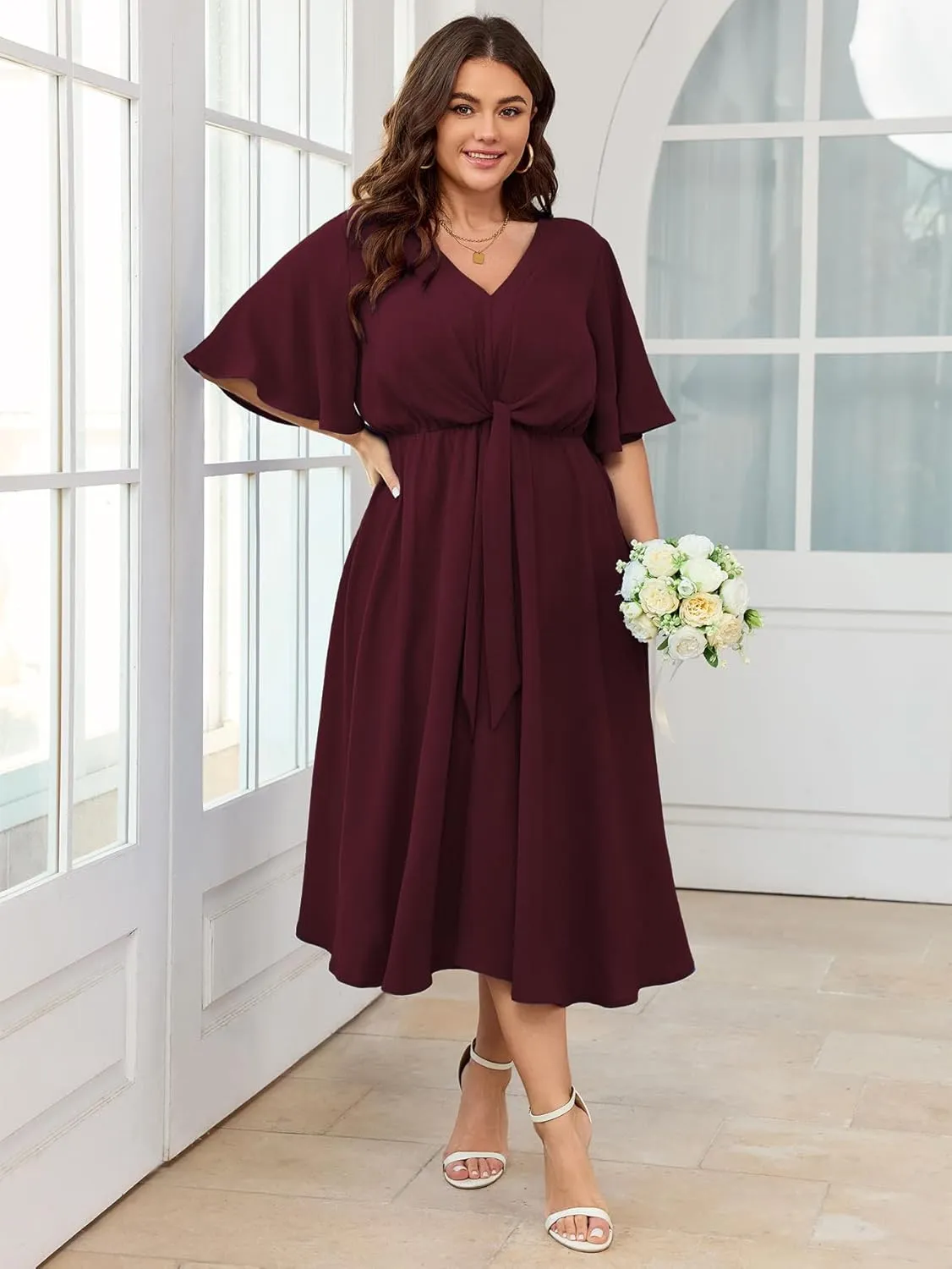 SCOMCHIC Women Plus Size Midi Dresses Wedding Guest Short Sleeve V Neck Tie Waist Casual Summer Flowy A Line Dress