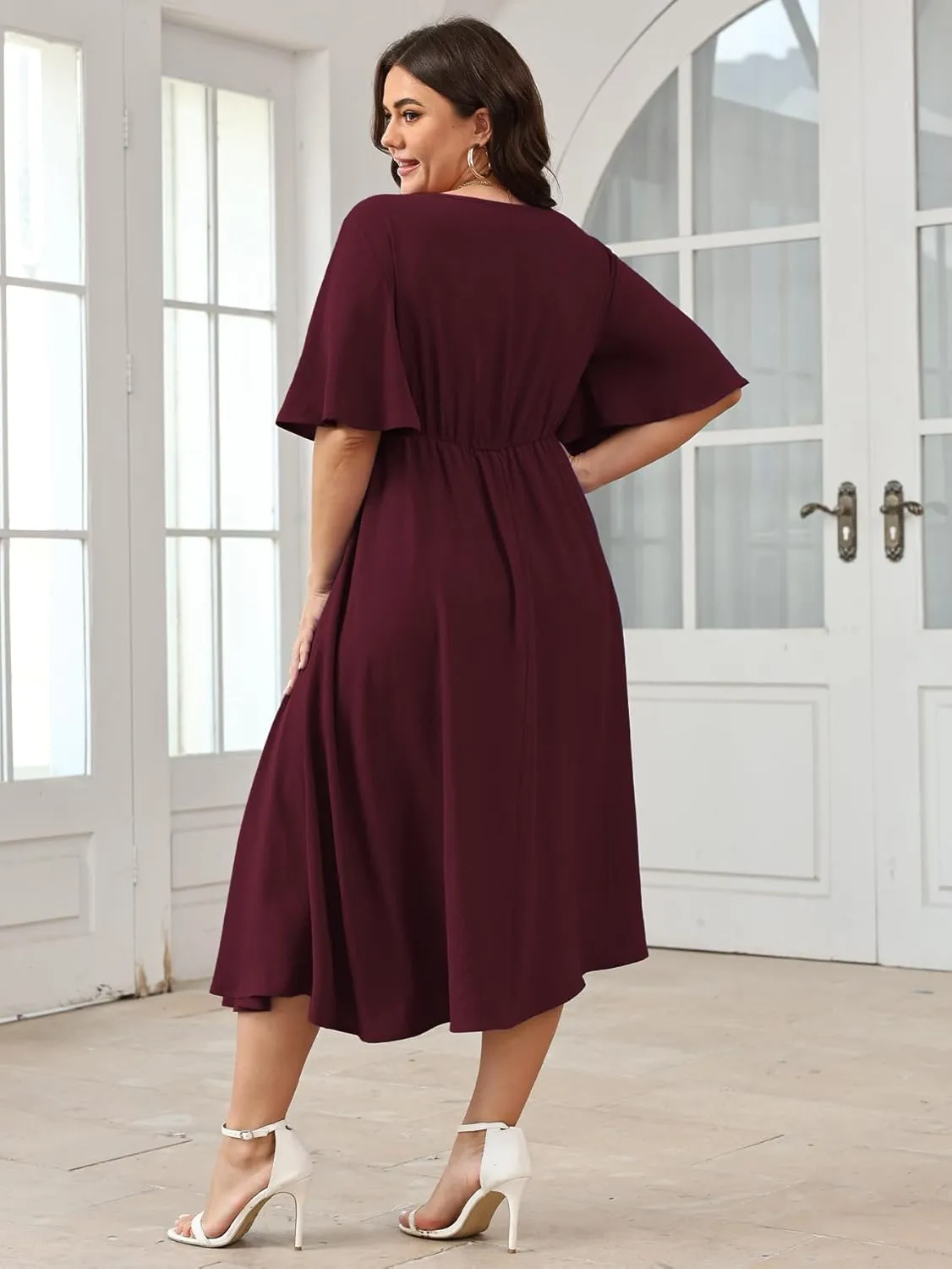 SCOMCHIC Women Plus Size Midi Dresses Wedding Guest Short Sleeve V Neck Tie Waist Casual Summer Flowy A Line Dress